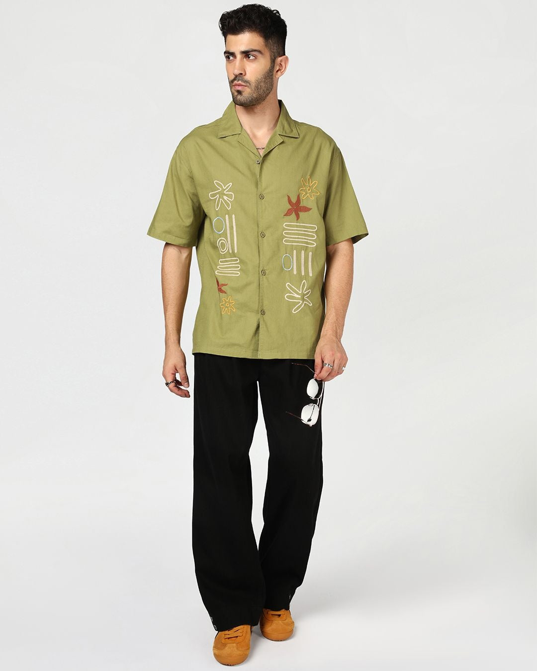 Zaqual Men's Olive Green Embroidered Casual Cotton Blend Half Sleeve Regular Fit Shirt
