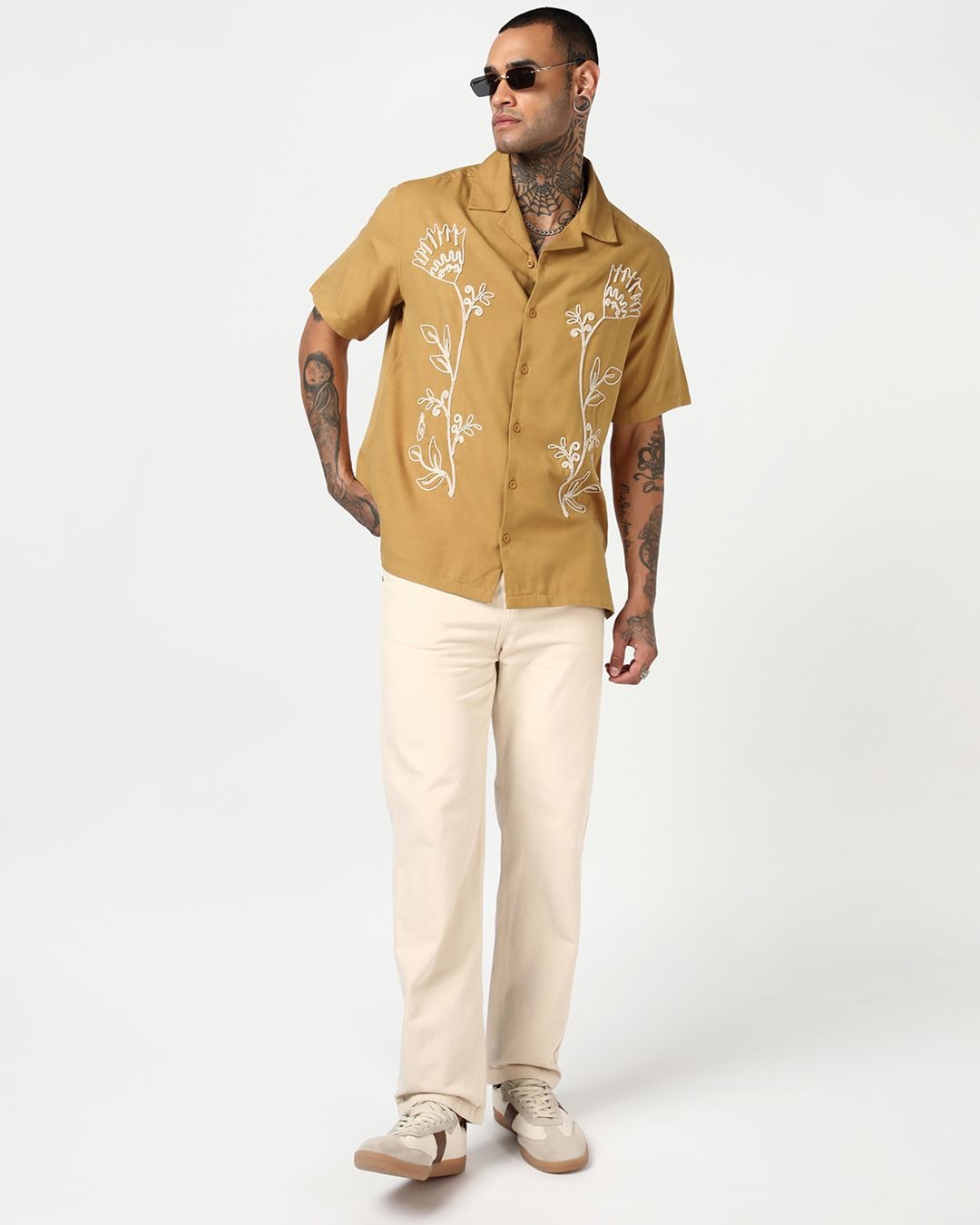 Zaqual Men's Mustard Embroidered Casual Cotton Blend Half Sleeve Regular Fit Shirt