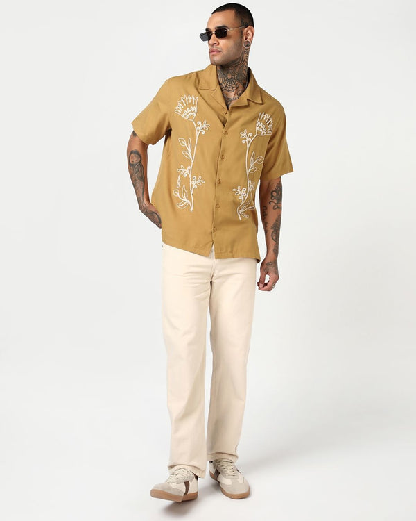 Zaqual Men's Mustard Embroidered Casual Cotton Blend Half Sleeve Regular Fit Shirt