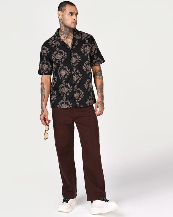 Zaqual Men's Black Floral Printed Casual Cotton Blend Half Sleeve Regular Fit Shirt