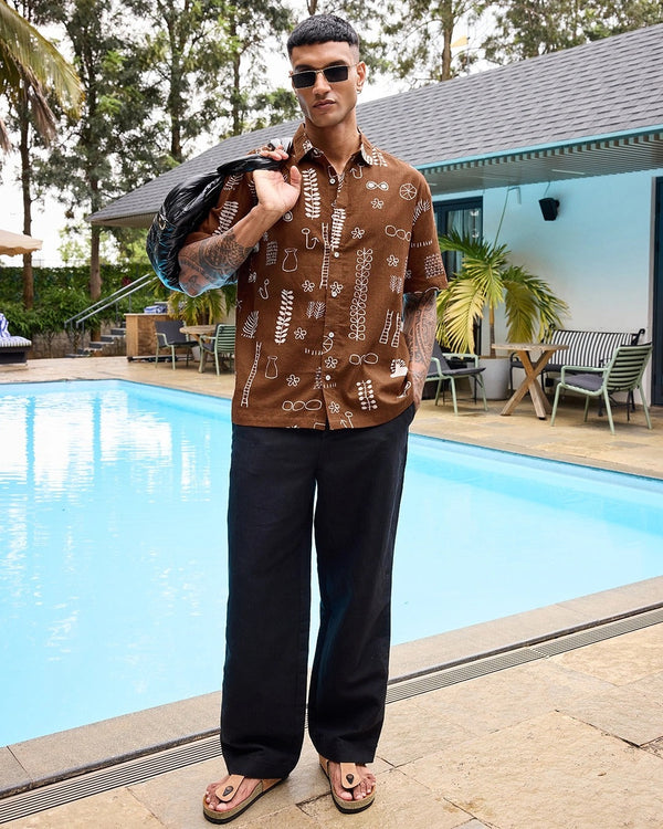 Zaqual Men's Brown Abstract Printed Casual Cotton Blend Half Sleeve Regular Fit Shirt