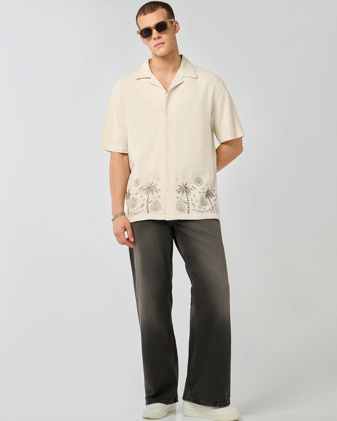 Zaqual Men's Off White Embroidered Casual Cotton Blend Half Sleeve Regular Fit Shirt