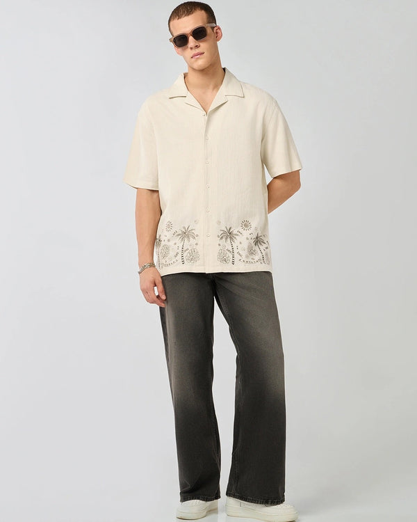 Zaqual Men's Off White Embroidered Casual Cotton Blend Half Sleeve Regular Fit Shirt
