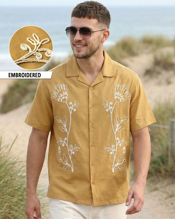 Zaqual Men's Mustard Embroidered Casual Cotton Blend Half Sleeve Regular Fit Shirt