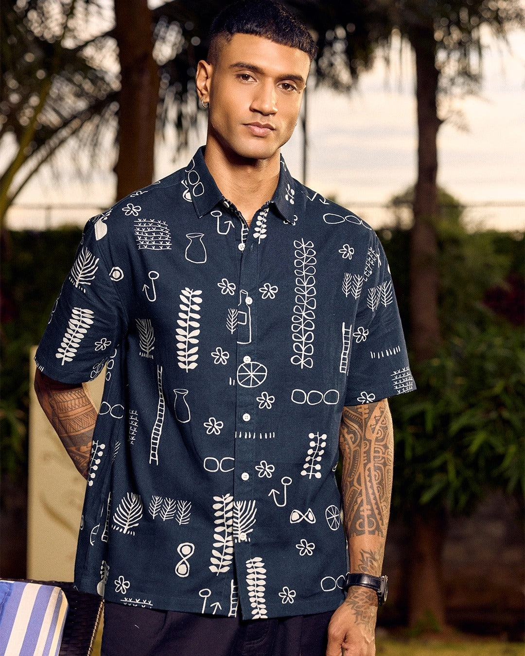 Zaqual Men's Navy Blue Abstract Printed Casual Cotton Blend Half Sleeve Regular Fit Shirt