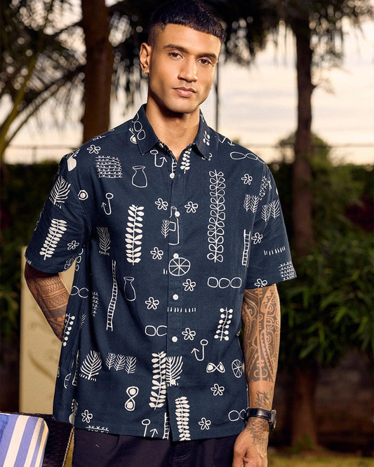 Zaqual Men's Navy Blue Abstract Printed Casual Cotton Blend Half Sleeve Regular Fit Shirt