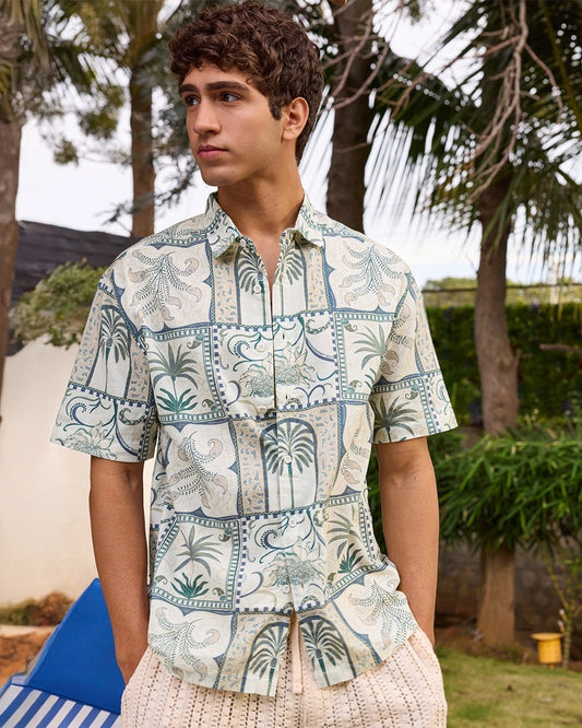 Zaqual Men's Beige Tropical Printed Casual Cotton Blend Half Sleeve Regular Fit Shirt