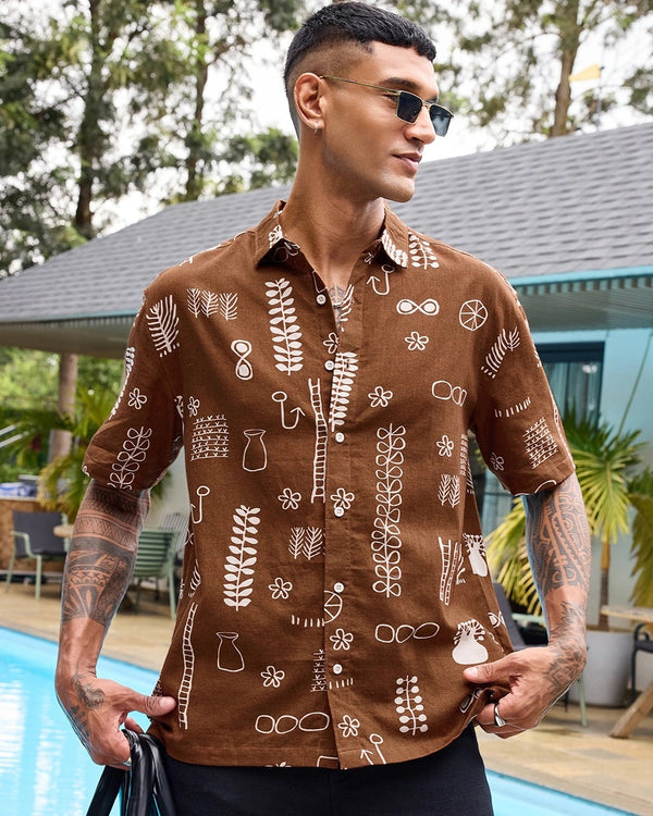Zaqual Men's Brown Abstract Printed Casual Cotton Blend Half Sleeve Regular Fit Shirt