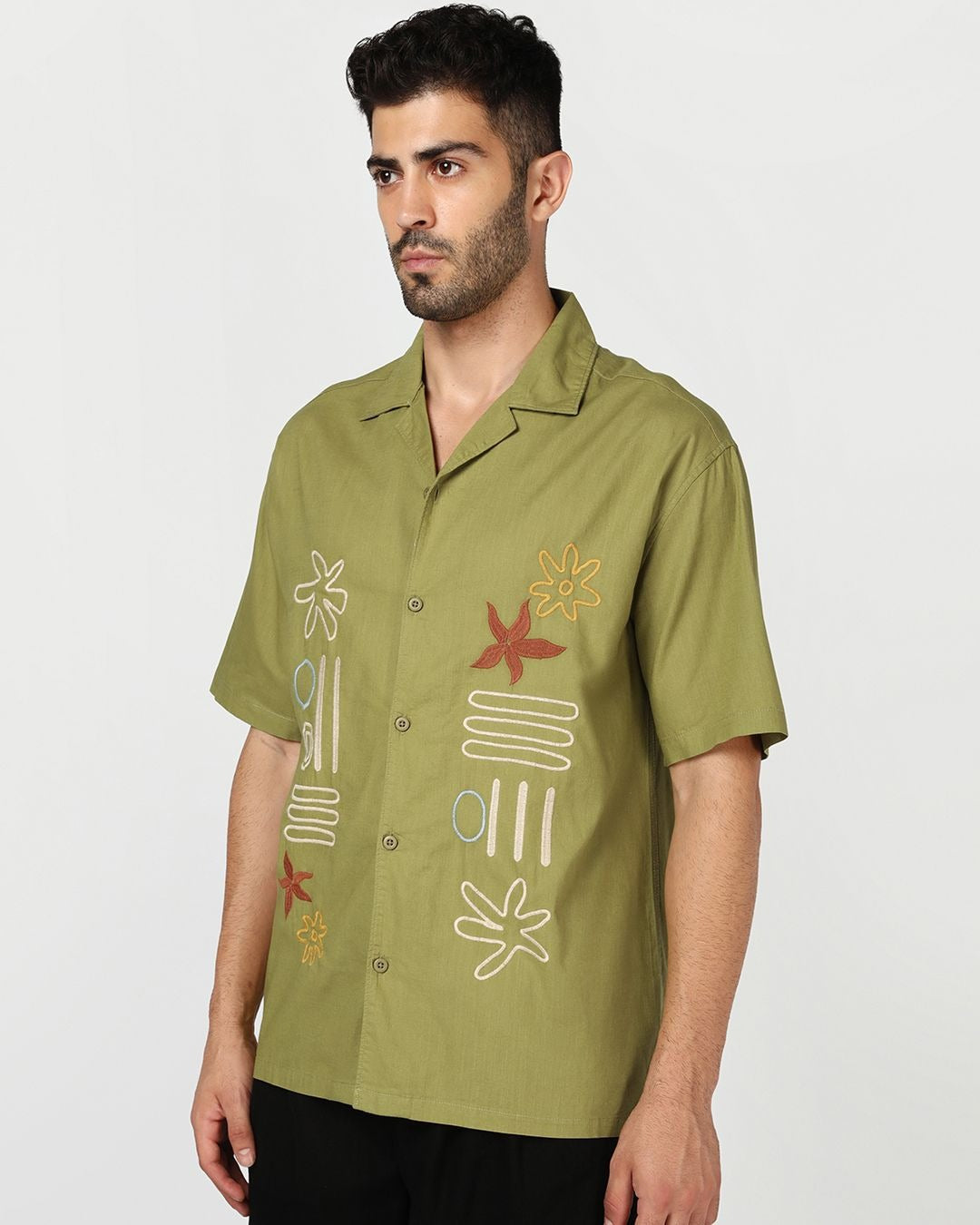 Zaqual Men's Olive Green Embroidered Casual Cotton Blend Half Sleeve Regular Fit Shirt