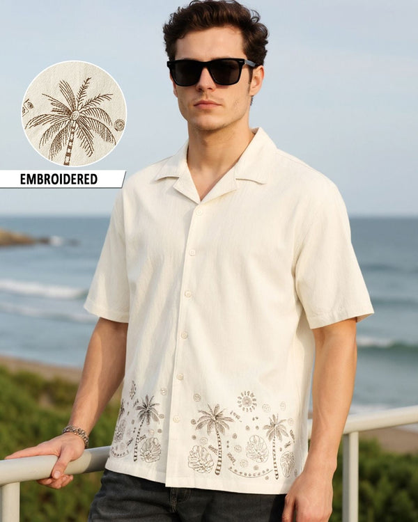Zaqual Men's Off White Embroidered Casual Cotton Blend Half Sleeve Regular Fit Shirt