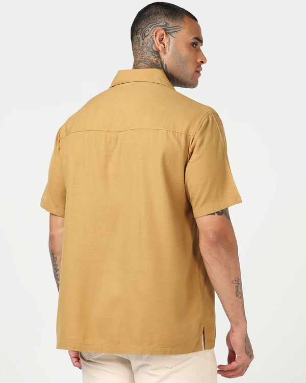 Zaqual Men's Mustard Embroidered Casual Cotton Blend Half Sleeve Regular Fit Shirt