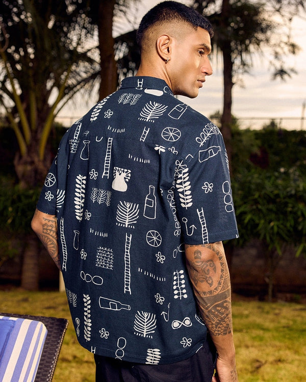 Zaqual Men's Navy Blue Abstract Printed Casual Cotton Blend Half Sleeve Regular Fit Shirt