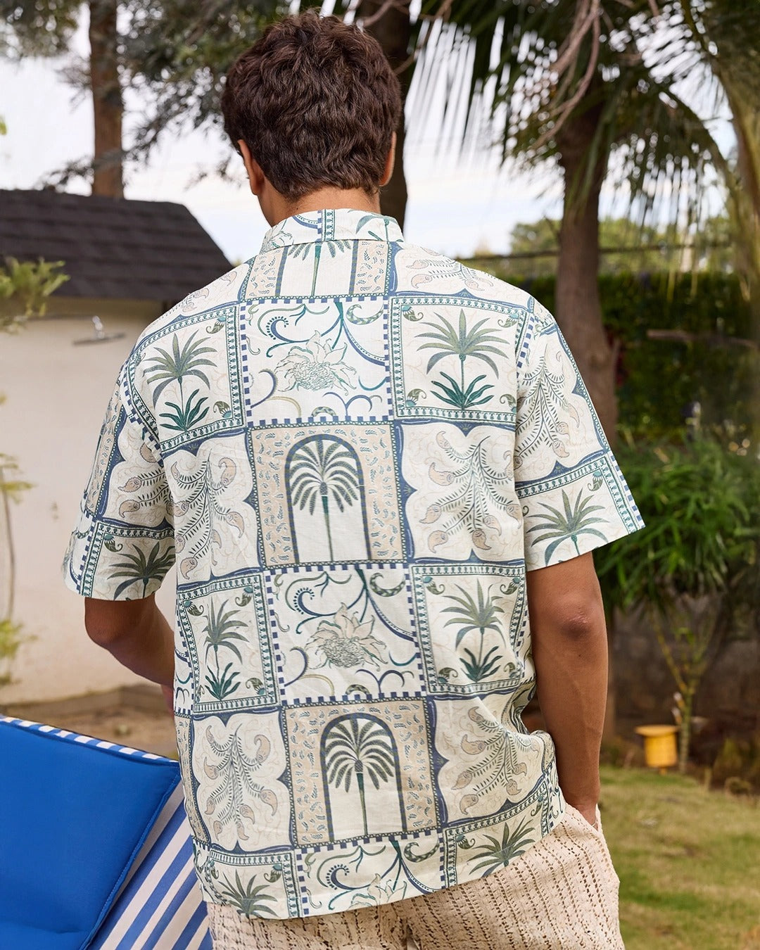 Zaqual Men's Beige Tropical Printed Casual Cotton Blend Half Sleeve Regular Fit Shirt