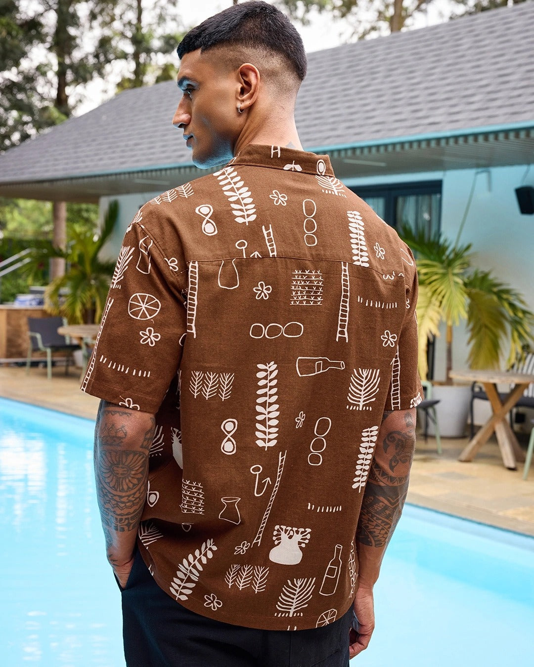 Zaqual Men's Brown Abstract Printed Casual Cotton Blend Half Sleeve Regular Fit Shirt